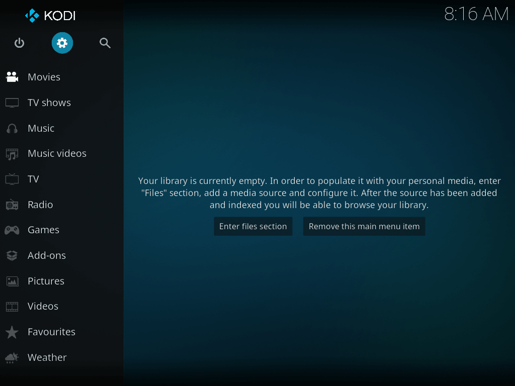 kodi ui example launched for first time on fedora linux