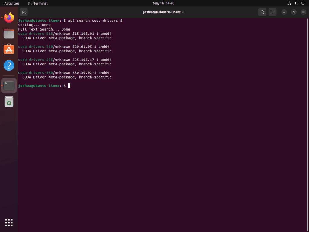Screenshot showcasing an apt search for NVIDIA CUDA drivers on Ubuntu 22.04 or 20.04 Linux.