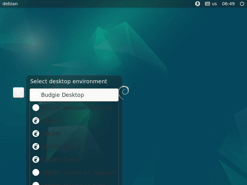 budgie-desktop environment at login selected for debian linux