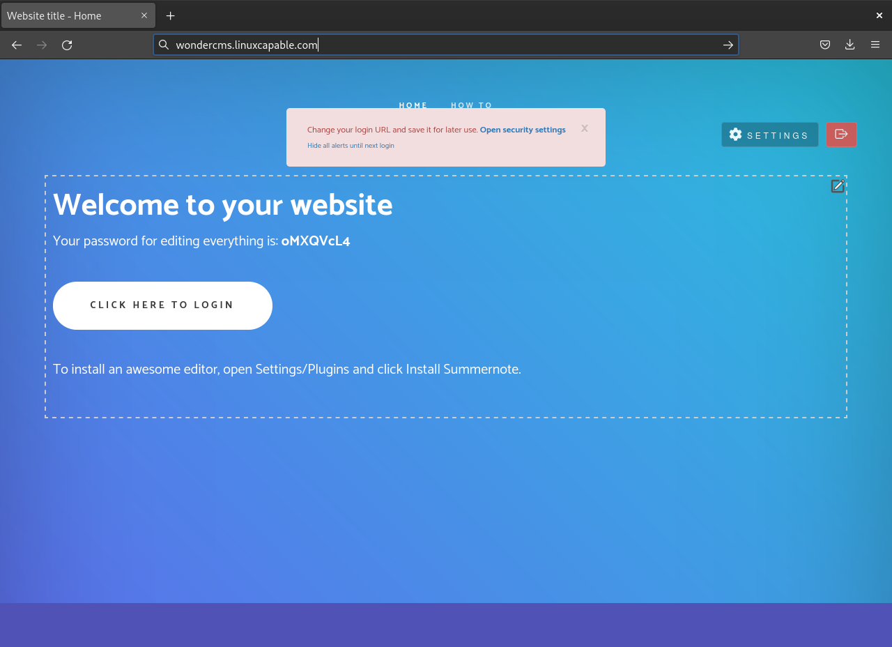 example first time login with wondercms on debian linux and nginx