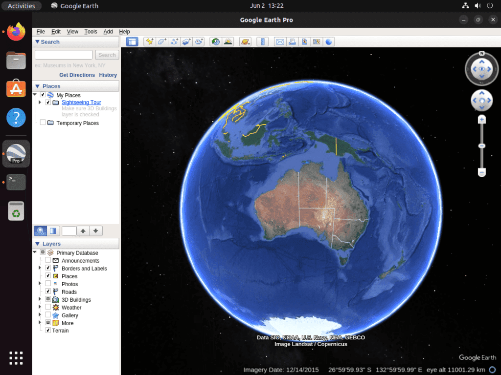 Google Earth displaying a world map on an Ubuntu 22.04 or 20.04 Linux computer screen.
