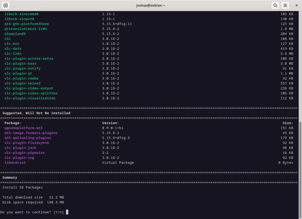 Screenshot showing the nala command for package installation on Debian Linux.