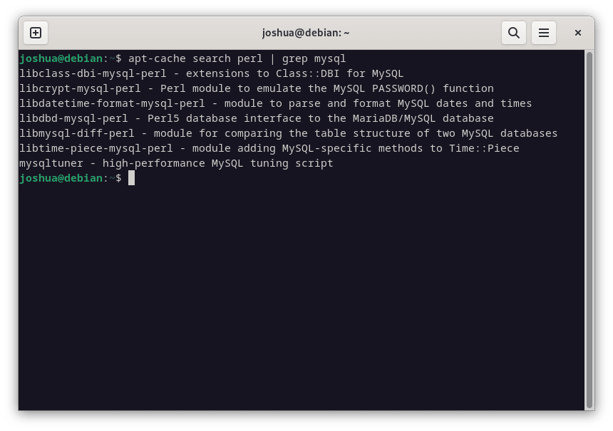 Listing Perl MySQL related packages on Debian Linux using apt search command.