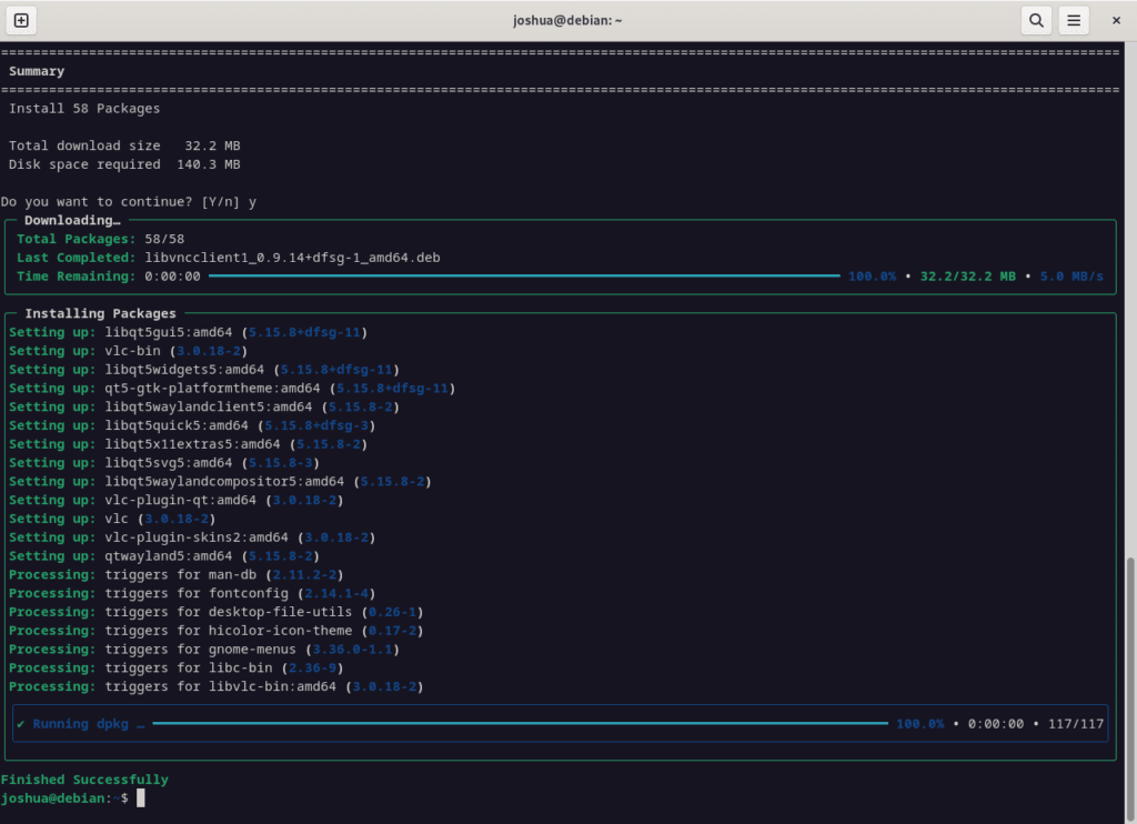Screenshot highlighting a successful package installation using nala on Debian Linux.
