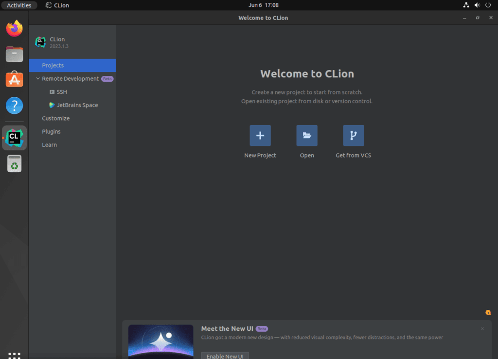Screenshot of the CLion IDE interface upon launch on Ubuntu 22.04 or 20.04 Linux.