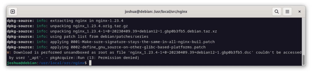 Screenshot of an ignorable error message during Nginx source download for Modsecurity 3 on Debian 12, 11, or 10.