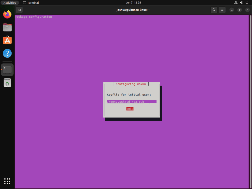 Screenshot of the initial user keyfile setup for Dokku on Ubuntu 22.04 or 20.04.