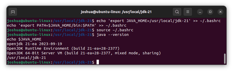 Screenshot Showing Successful Installation of OpenJDK 21 on Ubuntu 22.04 via Terminal Command