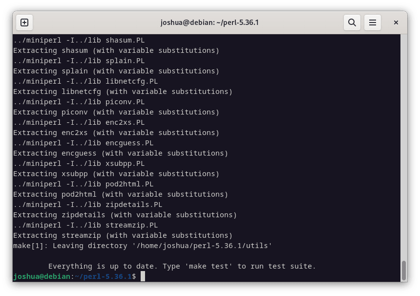 Successful make build of Perl on Debian Linux.