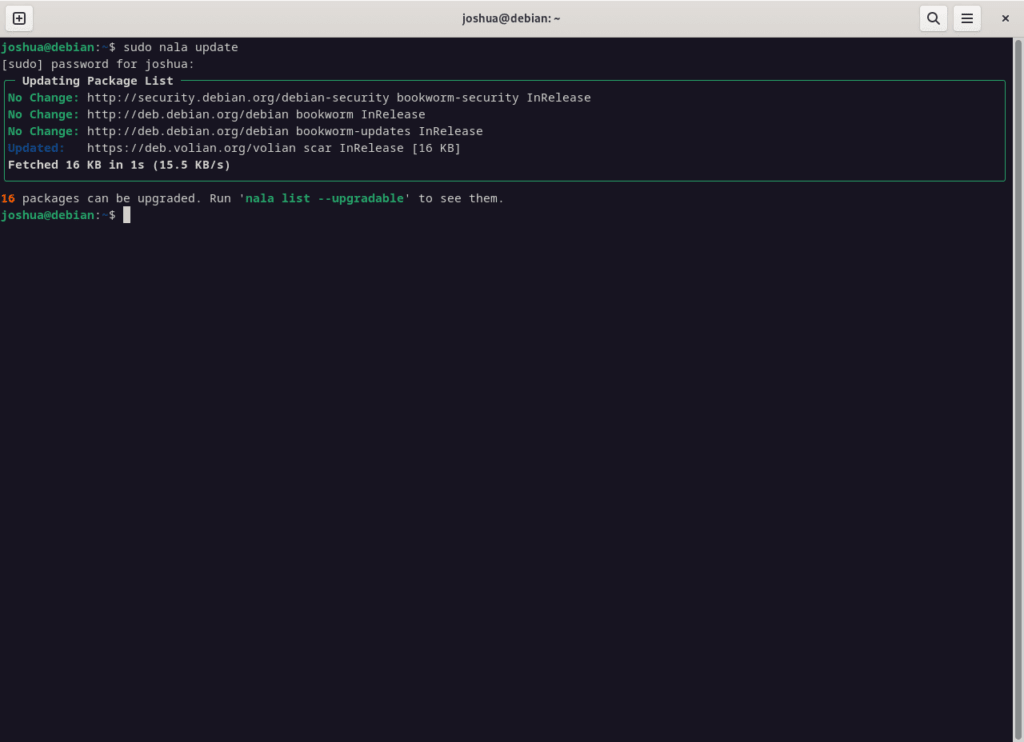 Screenshot demonstrating nala command usage for checking updates on Debian Linux.