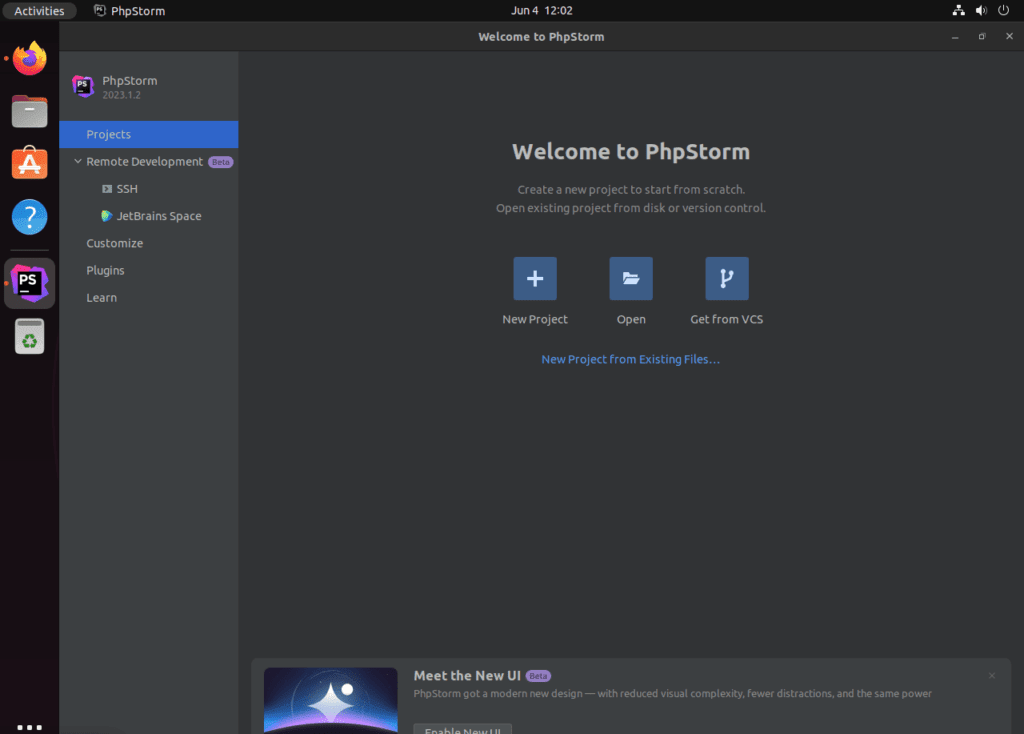Default screen of PHPStorm IDE running on Ubuntu 22.04 or 20.04 Linux.