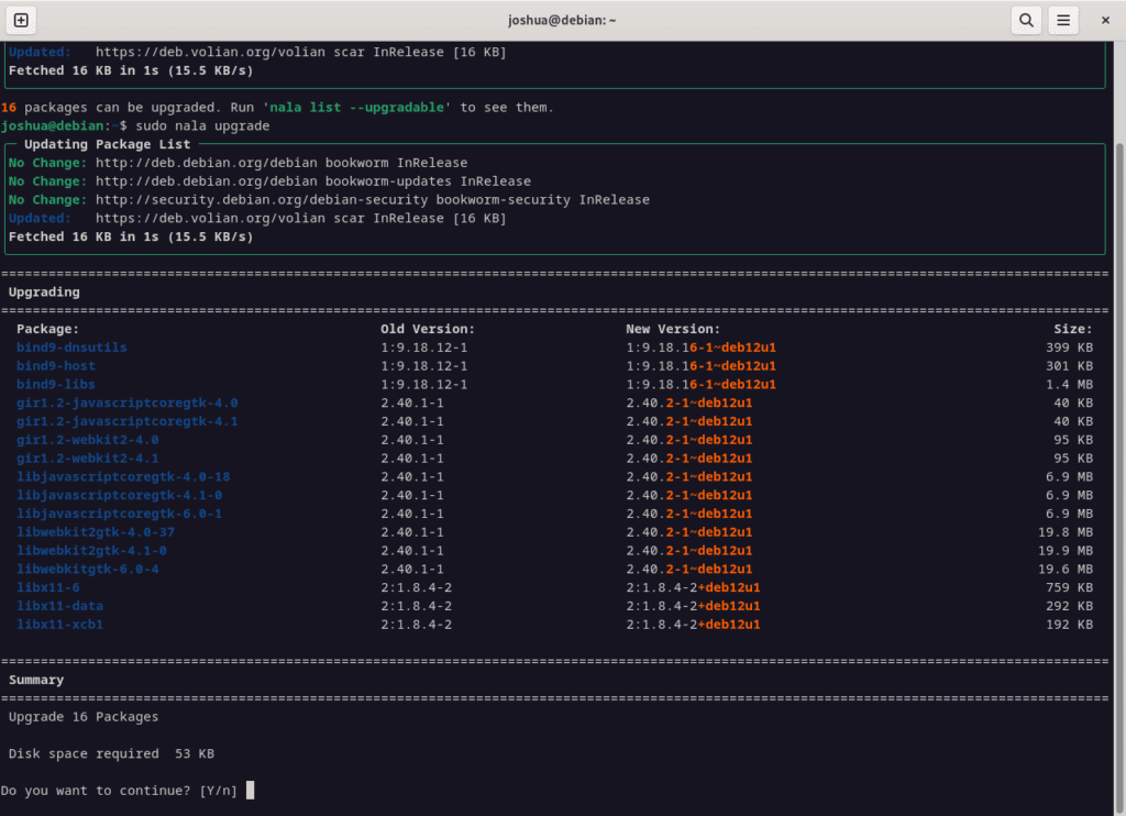 Screenshot showcasing the nala command for upgrading software on Debian Linux.