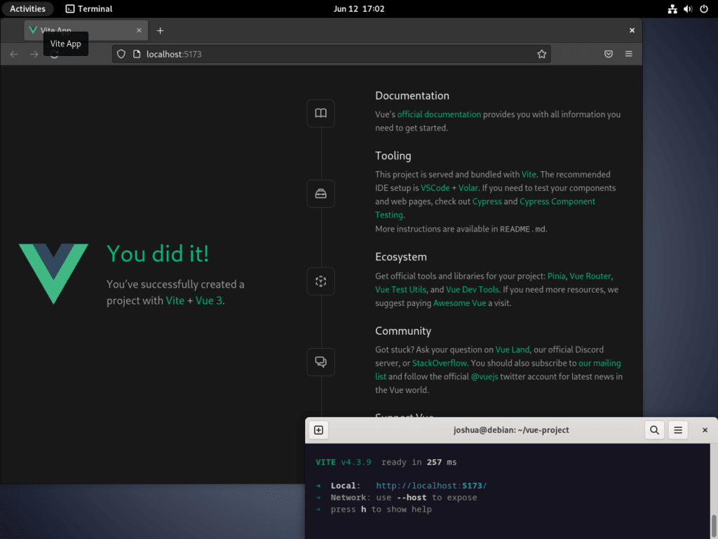 Vue.js project displayed in a web browser on Debian Linux.
