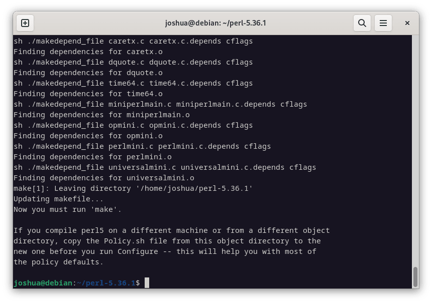 Successful configuration of Perl build on Debian Linux.