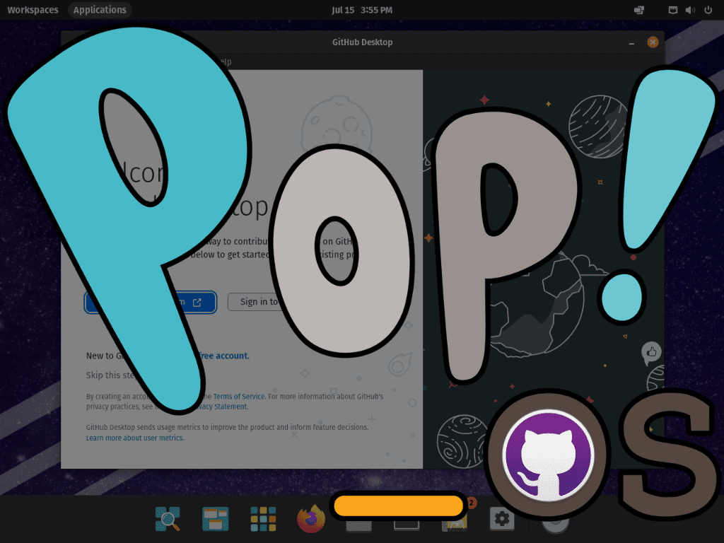 Custom graphic illustrating the installation of GitHub Desktop on Pop!_OS.