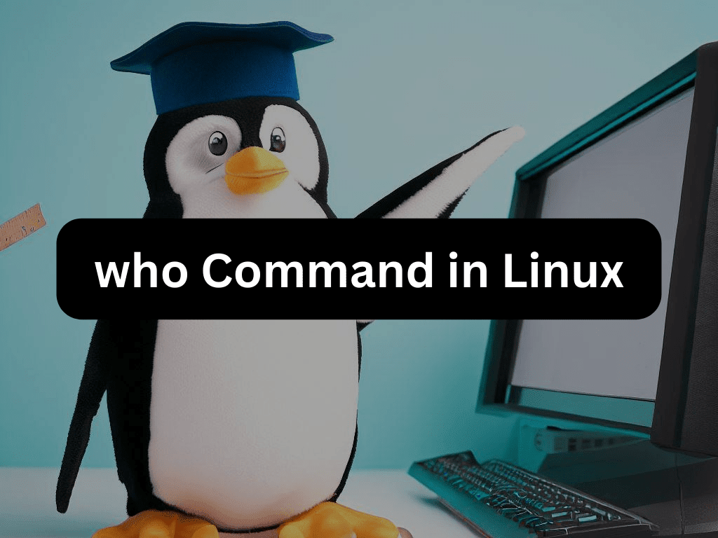 Custom feature image illustrating the 'who' command in Linux with icons of a terminal, users, and code snippets.