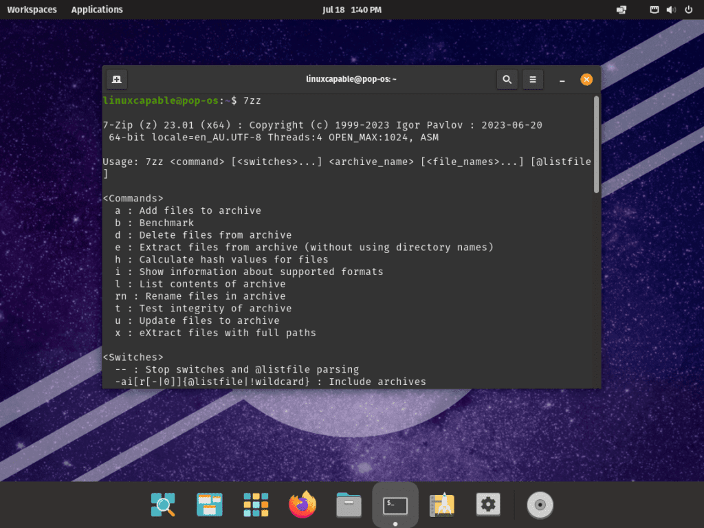 Screenshot of terminal window on Pop!_OS showing the command and output for manual 7-Zip installation.