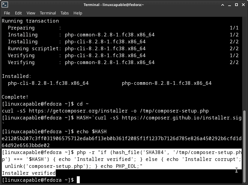 Screenshot showing Composer verification with hash key on Fedora Linux.
