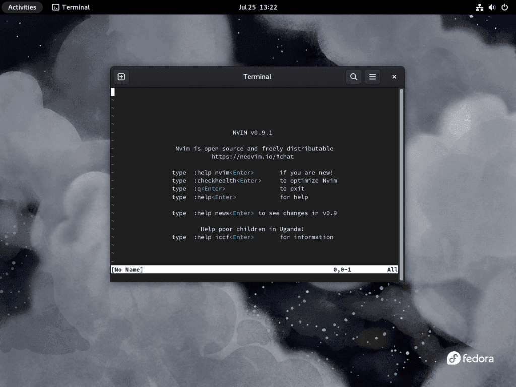 Screenshot of Neovim successfully launched on a Fedora Linux system.