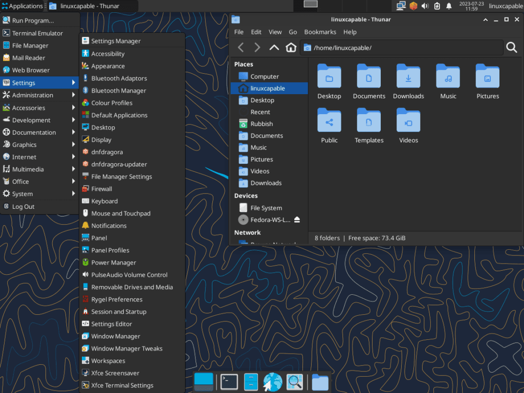 "Preview of XFCE desktop environment running on Fedora Linux."