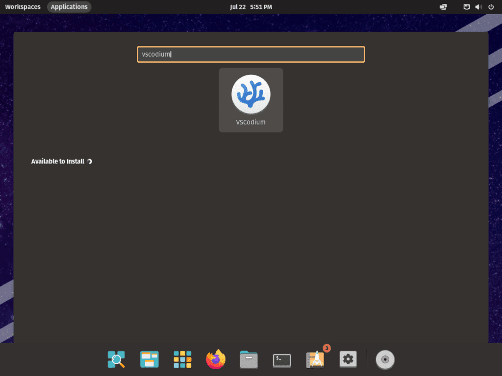 Screenshot showing how to launch VSCodium from the 'Show Applications' menu icon on Pop!_OS.