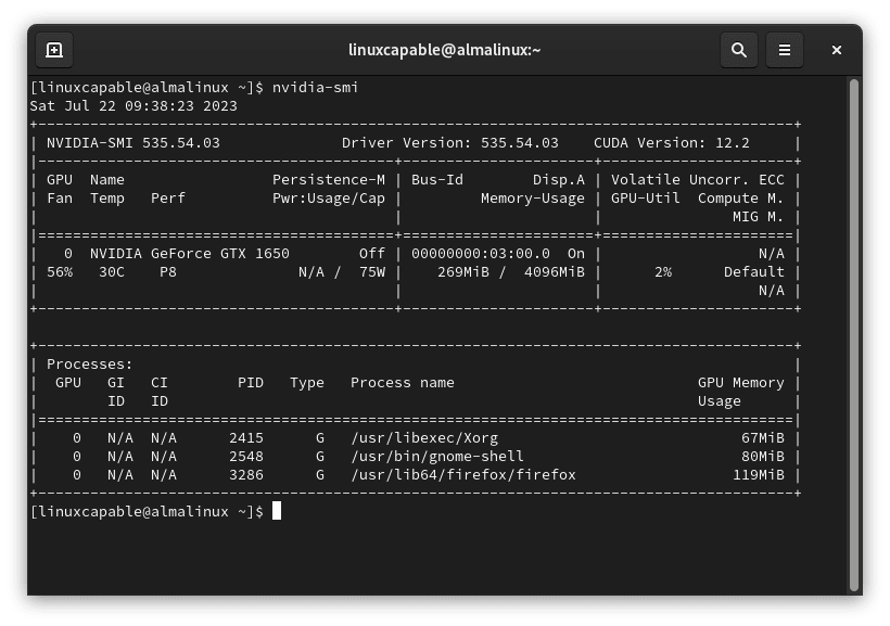 Screenshot of Nvidia SMI command output confirming driver installation on AlmaLinux.