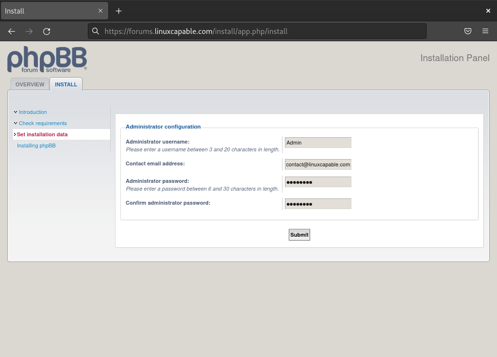 Step 3 of phpBB web UI installation on Debian showcasing admin account setup.