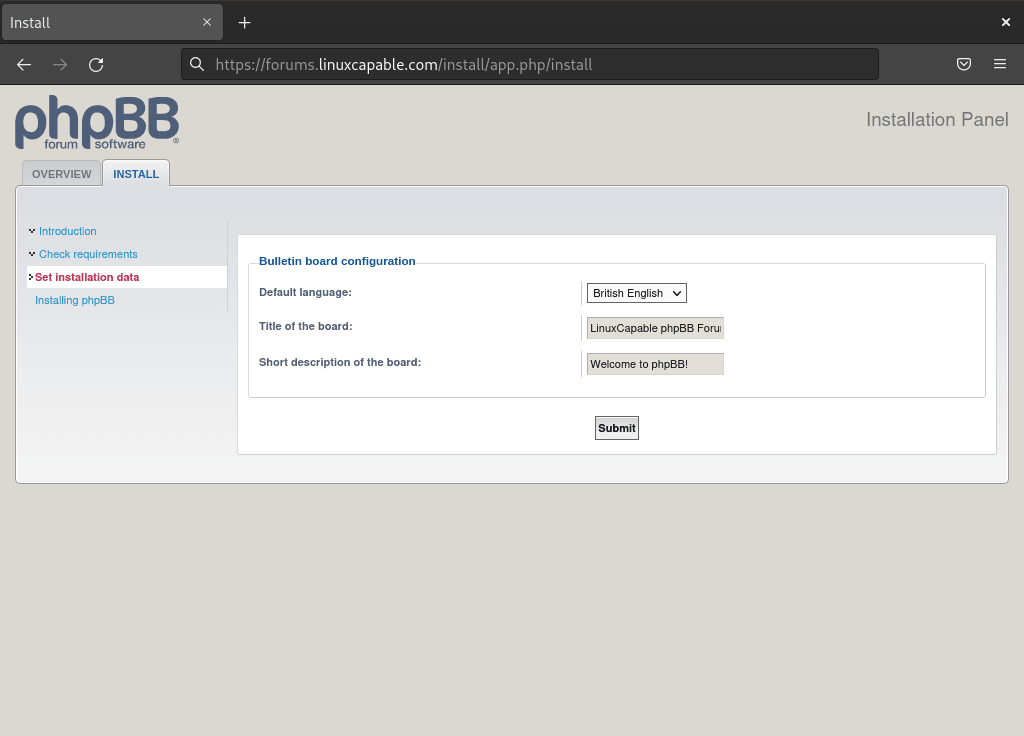 Step 8 of phpBB web UI installation on Debian showcasing bulletin board configuration.