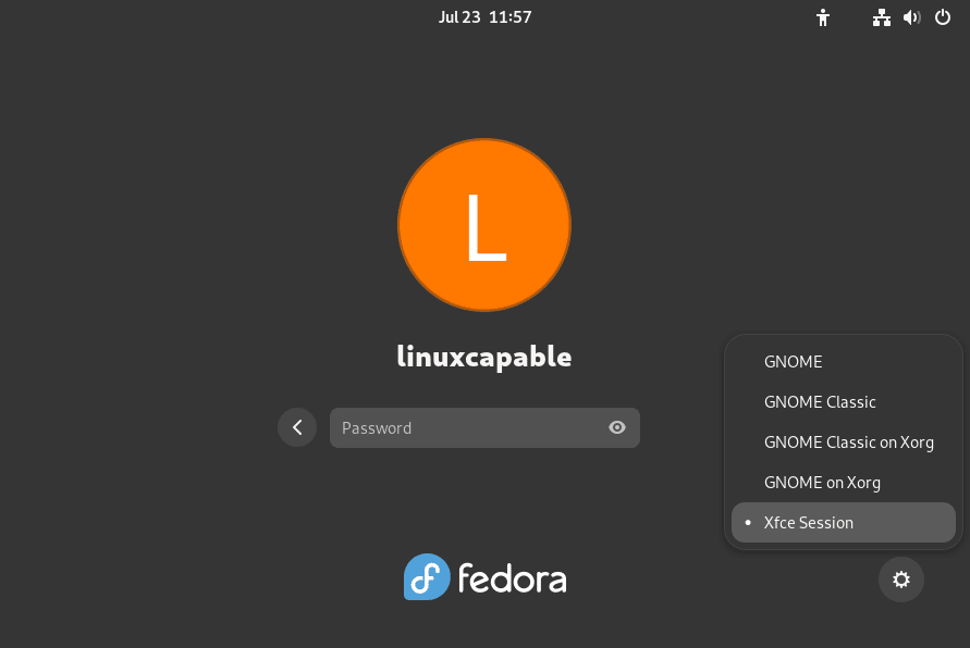 "Choosing XFCE session over GNOME on Fedora Linux login screen."