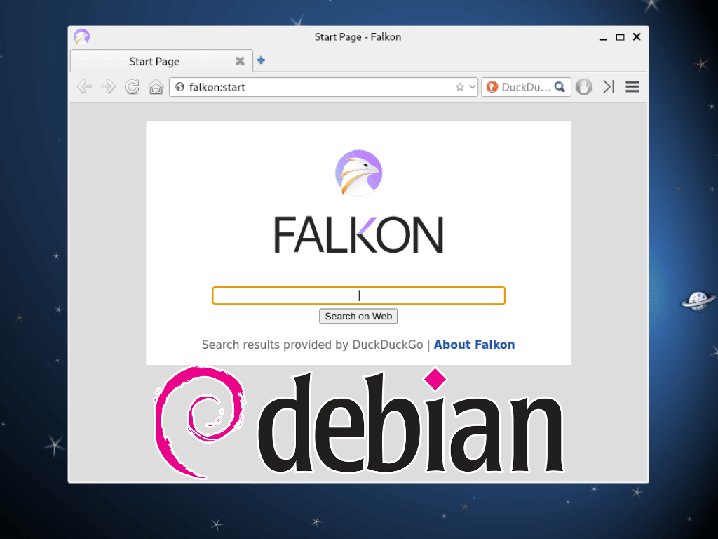 Custom feature image for installing Falkon Browser on Debian Linux versions 13, 12, 11, and 10.