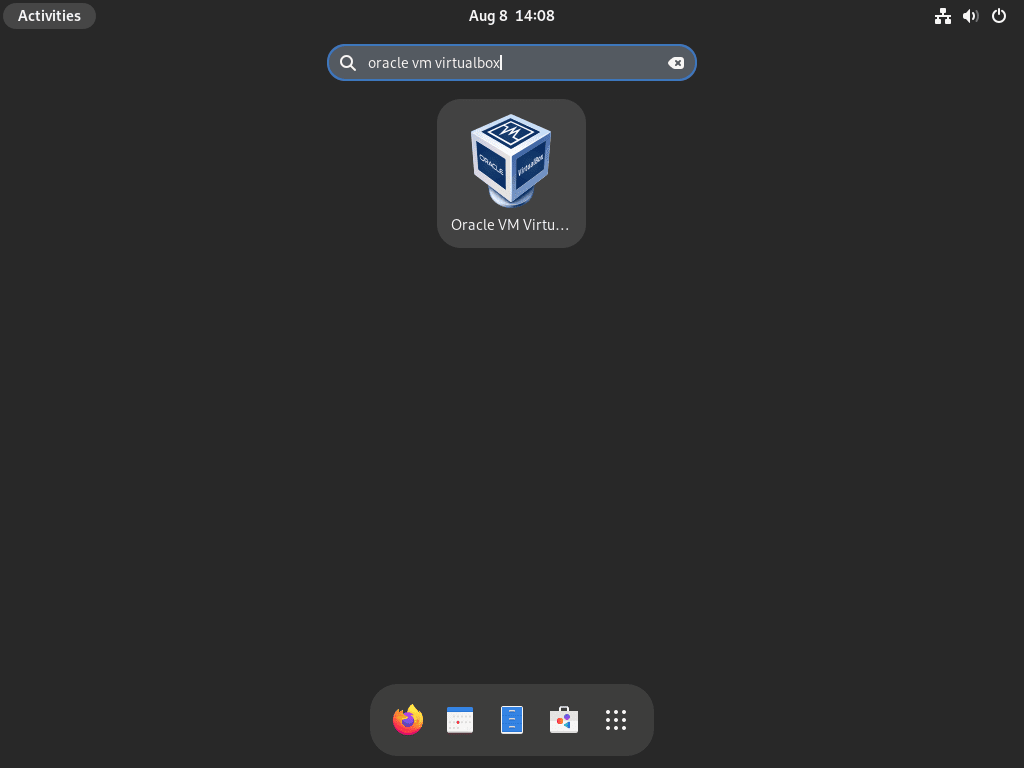 Clicking on the VirtualBox 7.0 application icon from the Fedora Linux application menu.