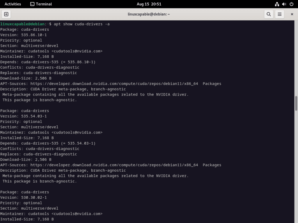 Terminal output displaying CUDA drivers packages using apt-show command on Debian Linux