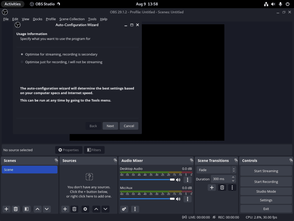 OBS Studio application interface on Debian Linux post-installation.