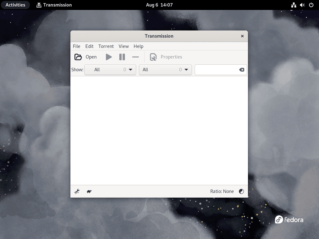 Transmission client's user interface displayed on a Fedora Linux desktop.