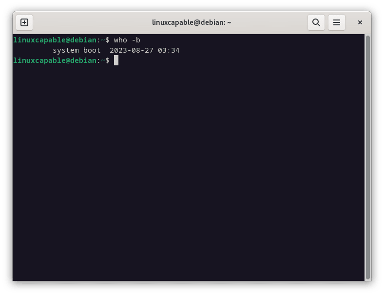 Screenshot showcasing the "who -b" command's terminal output in Linux to determine system reboot time.