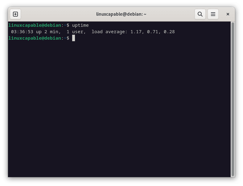 Screenshot of the uptime command's terminal output in Linux.