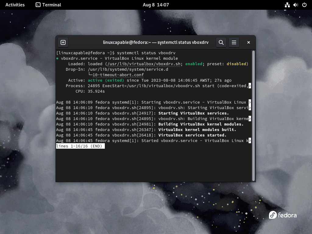 Terminal output displaying the status of vboxdrv on Fedora Linux.