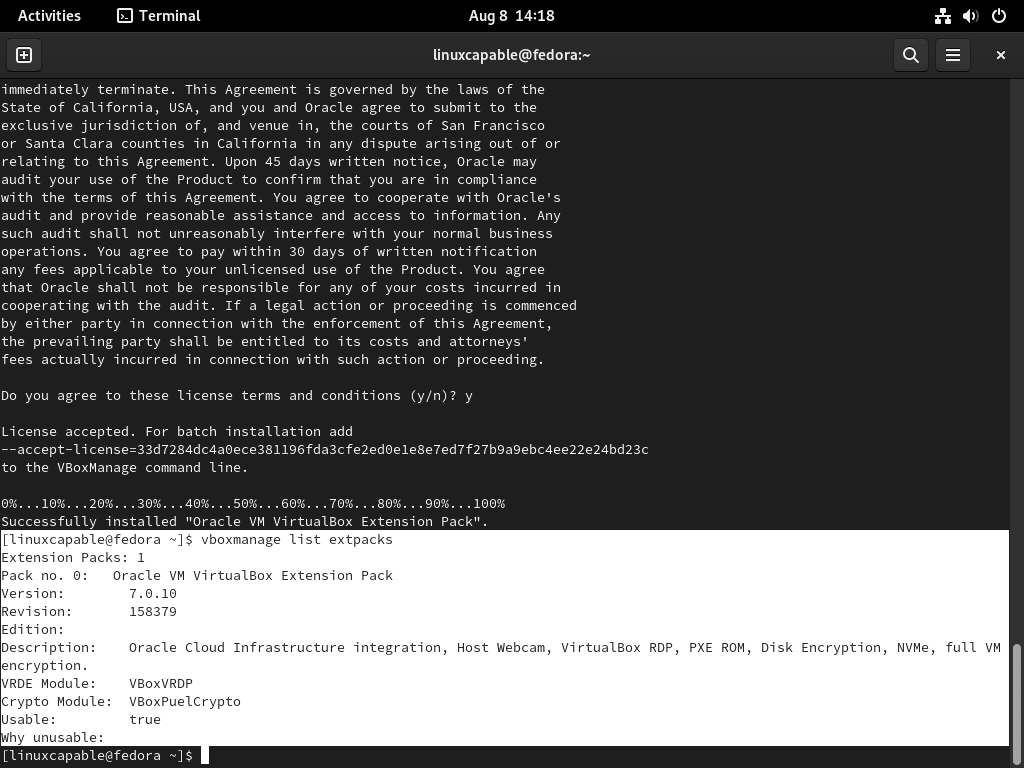List of installed VirtualBox 7.0 extensions on Fedora Linux.