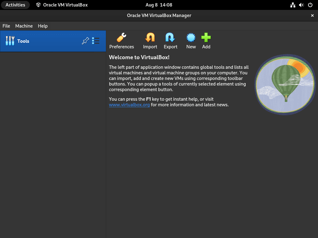 VirtualBox 7.0's user interface displayed on a Fedora Linux desktop.