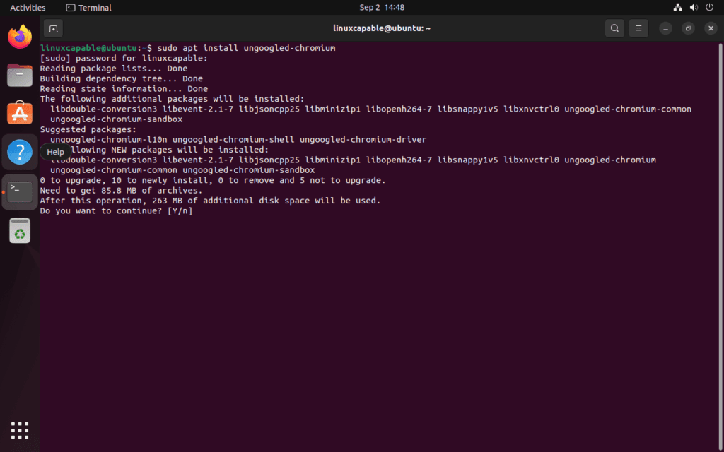 Screenshot showing the installation of Ungoogled Chromium via PPA on Ubuntu 22.04