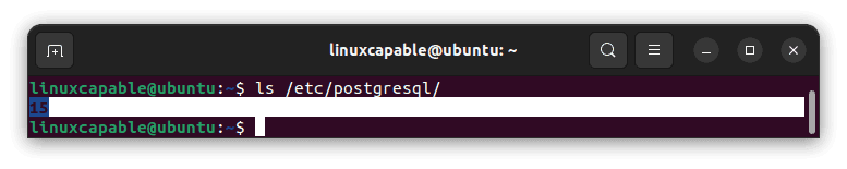 Listing available PostgreSQL 15 versions on Ubuntu 24.04, 22.04, and 20.04 using ls command.
