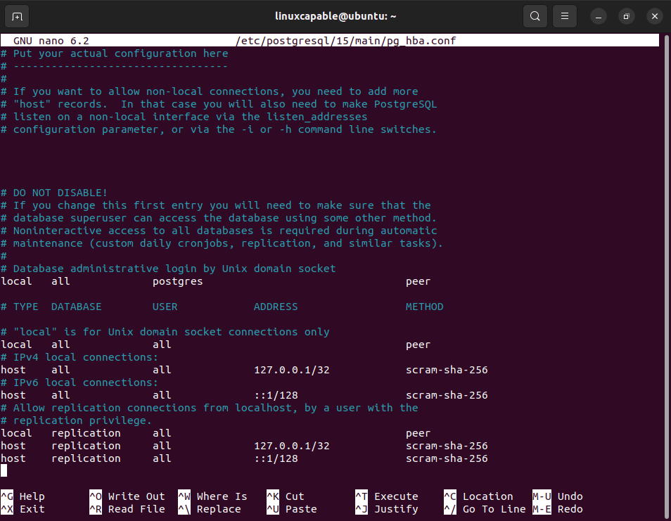 PostgreSQL 15 pg_hba configuration file settings on Ubuntu 24.04, 22.04, and 20.04.