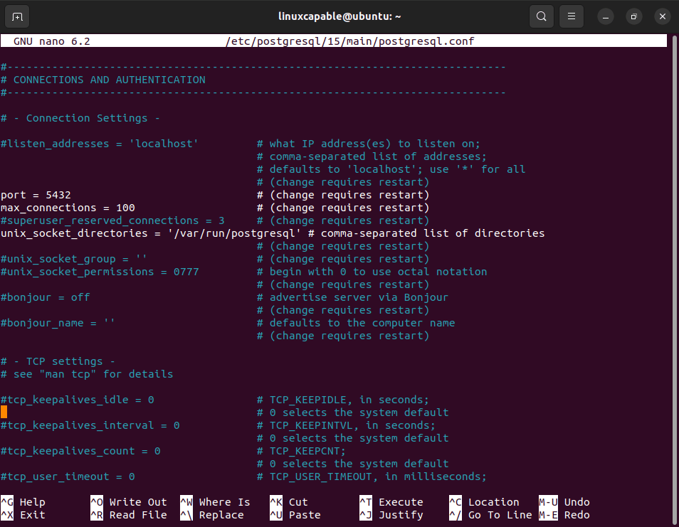 Editing the PostgreSQL 15 configuration file on Ubuntu 24.04, 22.04, and 20.04.