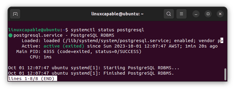 PostgreSQL 15 running successfully as a systemd service on Ubuntu 24.04, 22.04, and 20.04.