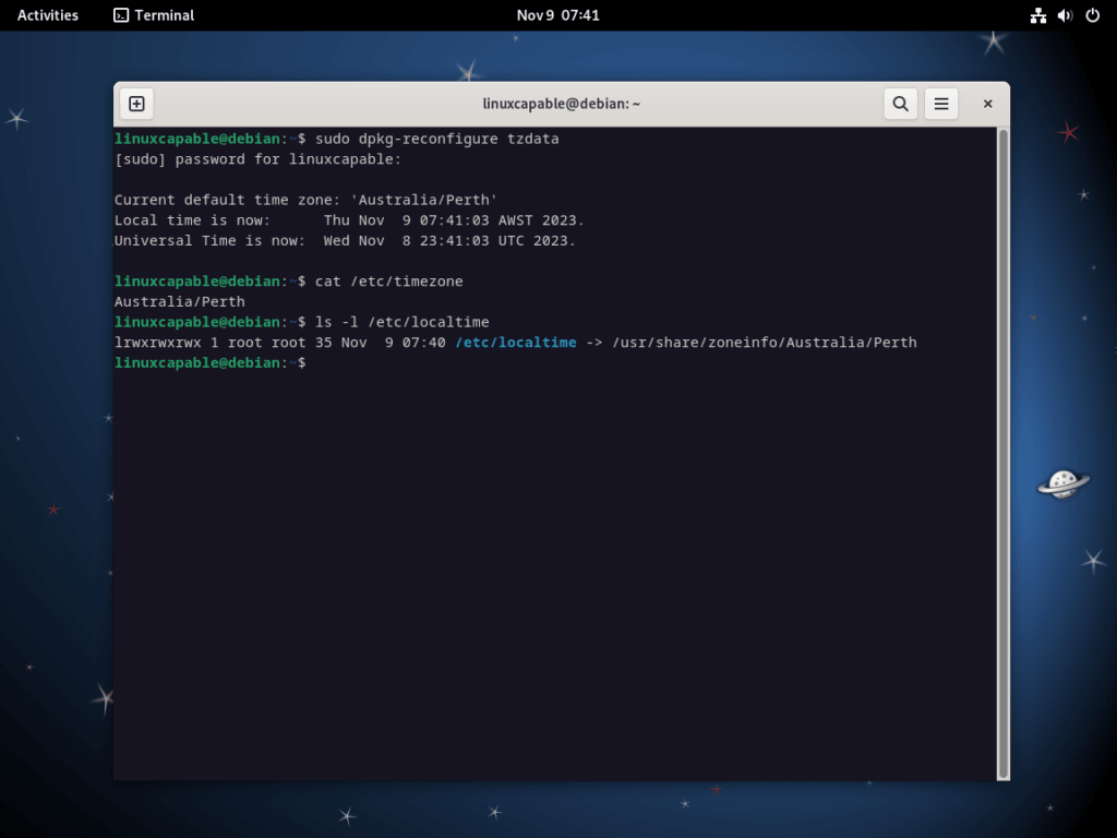 Terminal output showing the successful timezone configuration with dpkg-reconfigure tzdata on Debian.