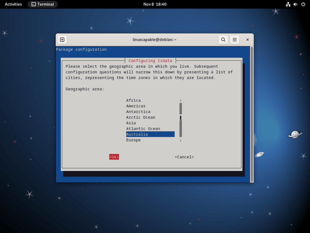 Command prompt showing the 'dpkg-reconfigure tzdata' command in a Debian Linux terminal.