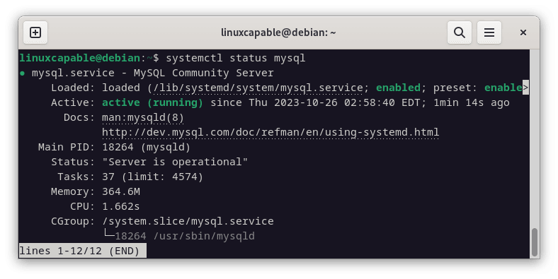 Screenshot confirming the successful check of MySQL 8.0 systemd service on Debian Linux.
