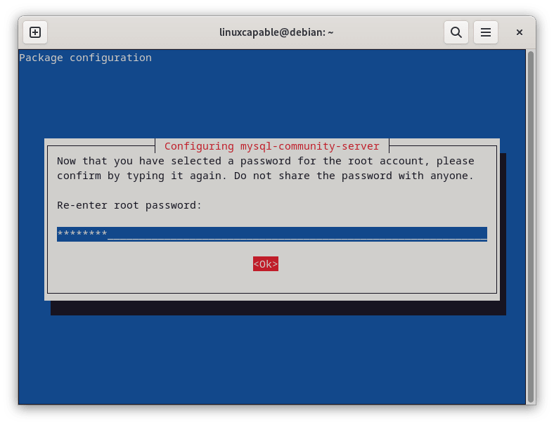 Screenshot showing the step where users need to re-enter the password for MySQL 8.0 on Debian Linux.