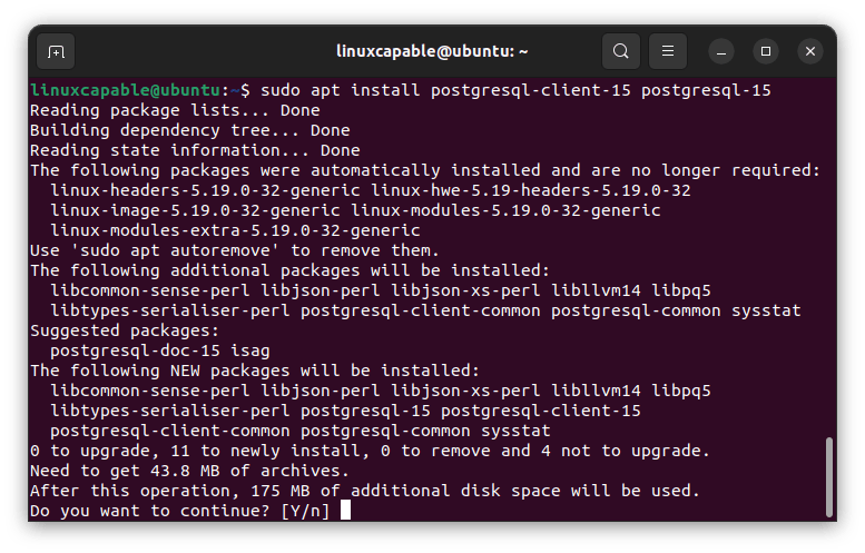 Prompt confirmation for PostgreSQL 15 installation on Ubuntu 24.04, 22.04, and 20.04.