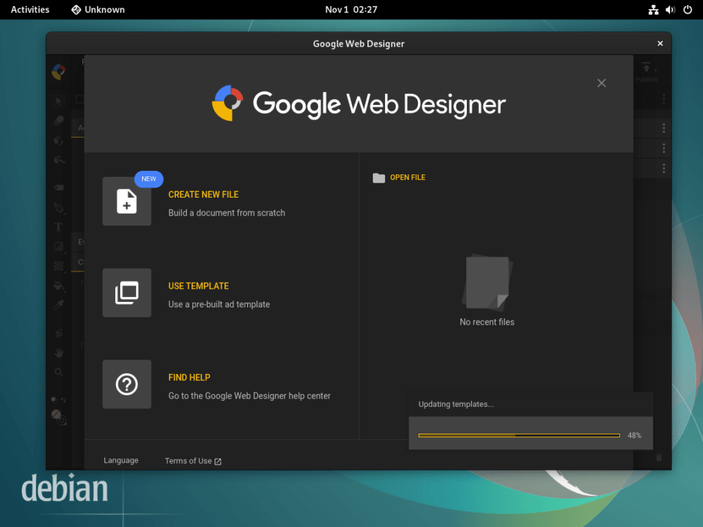 Google Web Designer running successfully on a Debian Linux desktop environment.